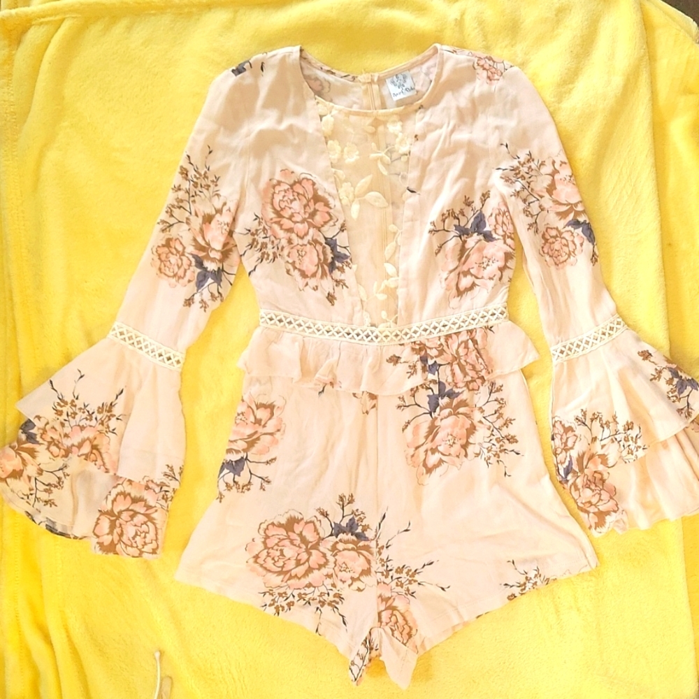 Angel Biba Zip Up Romper, Blush Floral Print, Bell Sleeves, Peekaboo Lace Front